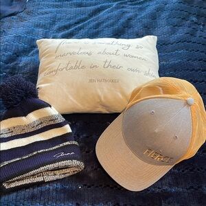 Jen Hatmaker pillow and hats 🌲
